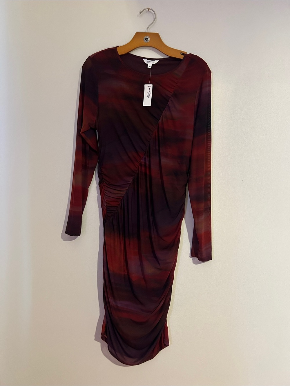 Reitmans Burgundy & Black Ruched Long-Sleeve Midi Dress